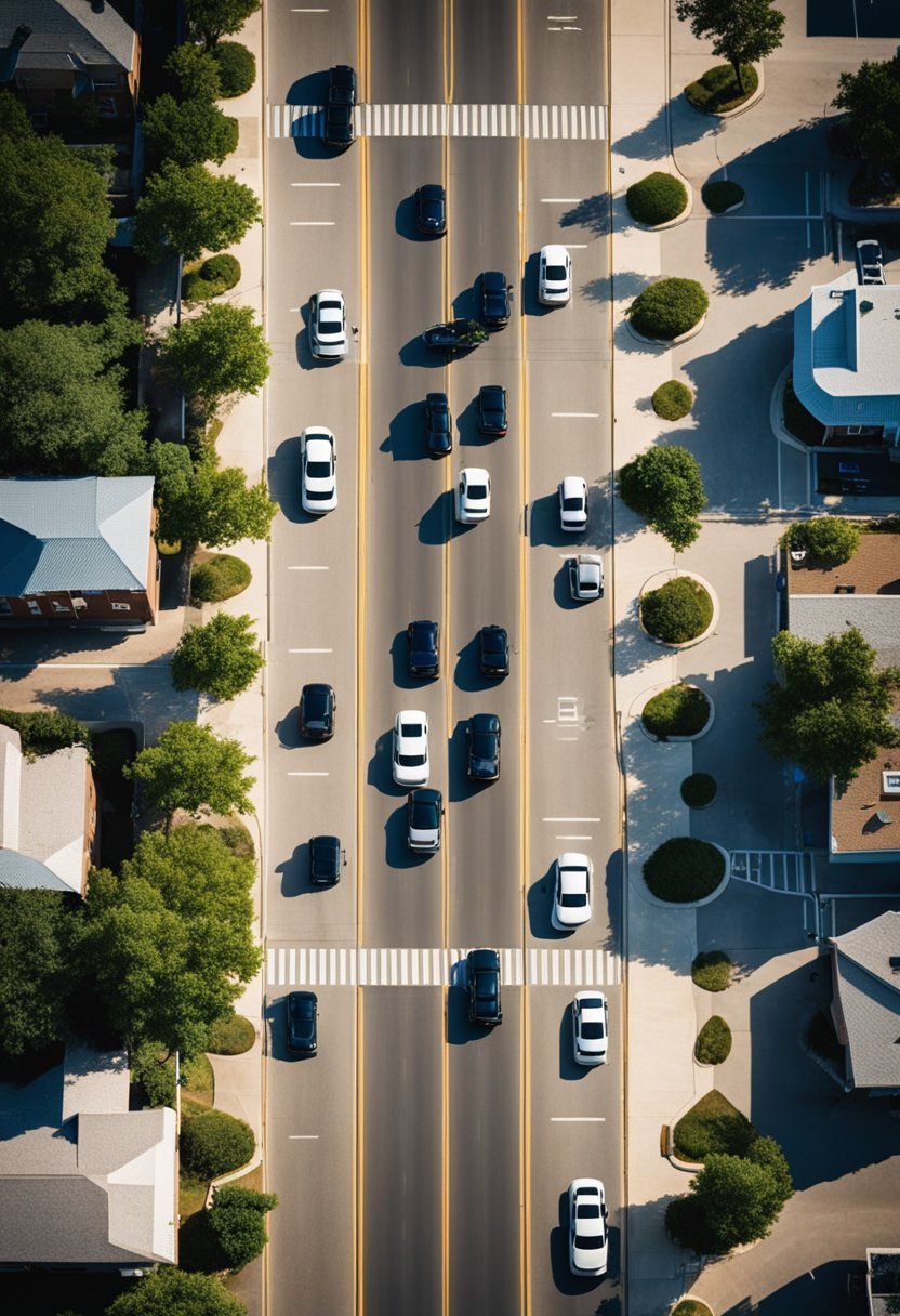 A bird's-eye view of Waco's road layout with cars navigating the streets, following parking tips and road rules