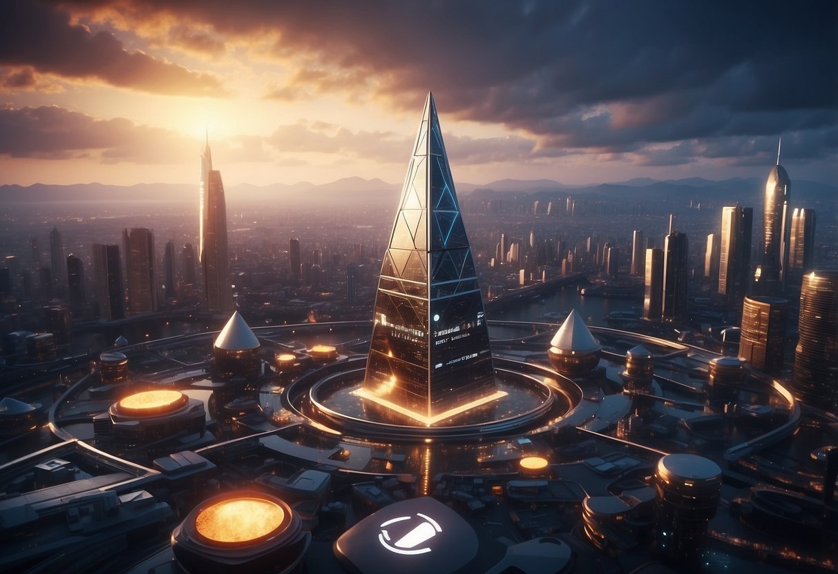 A futuristic cityscape with Ethereum logos prominently displayed, surrounded by DeFi and NFT symbols, showcasing the cutting-edge technology and innovation of the Ethereum platform