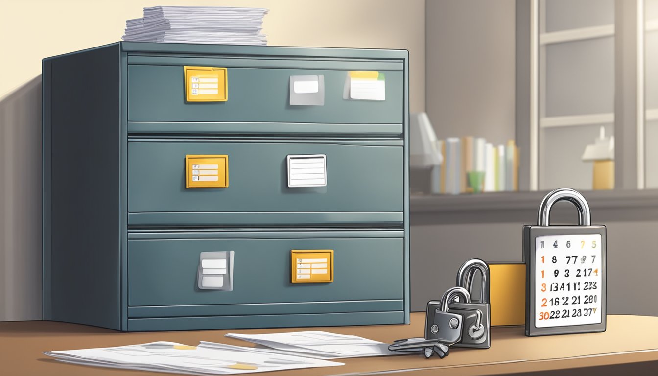 A secure padlock on a filing cabinet with labeled folders.</p><p>A calendar with highlighted renewal dates.</p><p>A checklist of insurance policies and contact information