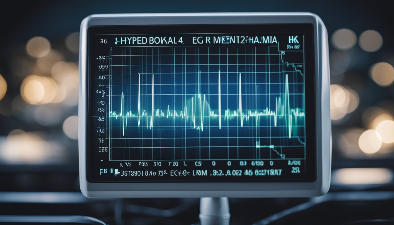 An ECG monitor displaying hyperkalemia ECG changes