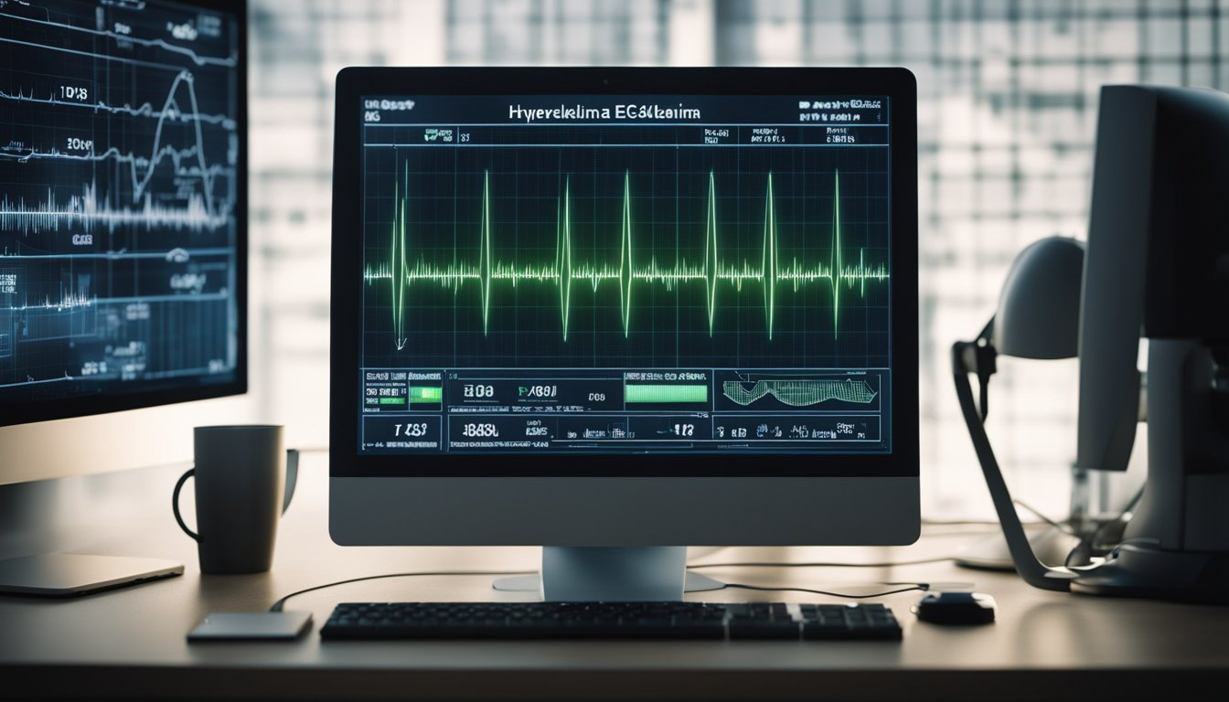 A computer screen displaying an ECG with hyperkalemia patterns, surrounded by medical charts and equipment