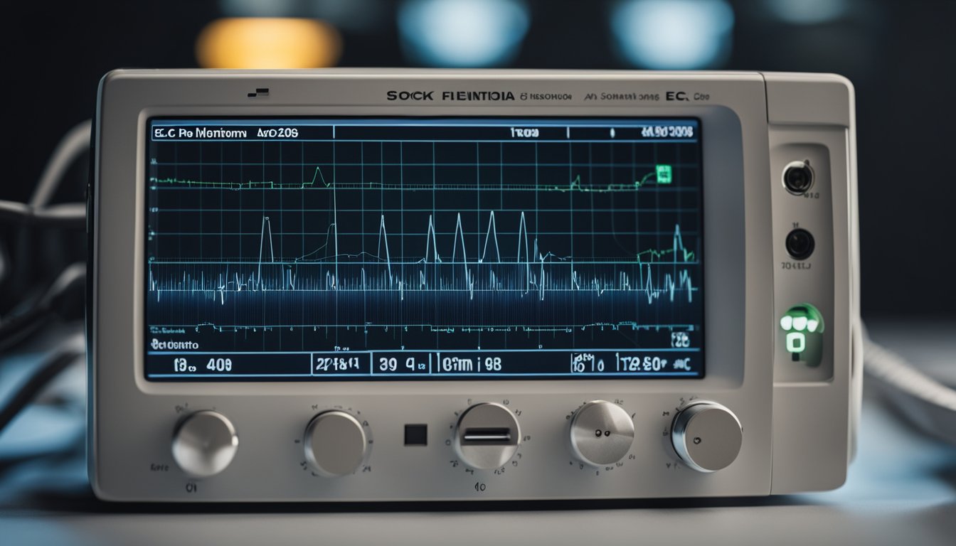 A heart monitor displaying abnormal ECG readings due to hyperkalemia