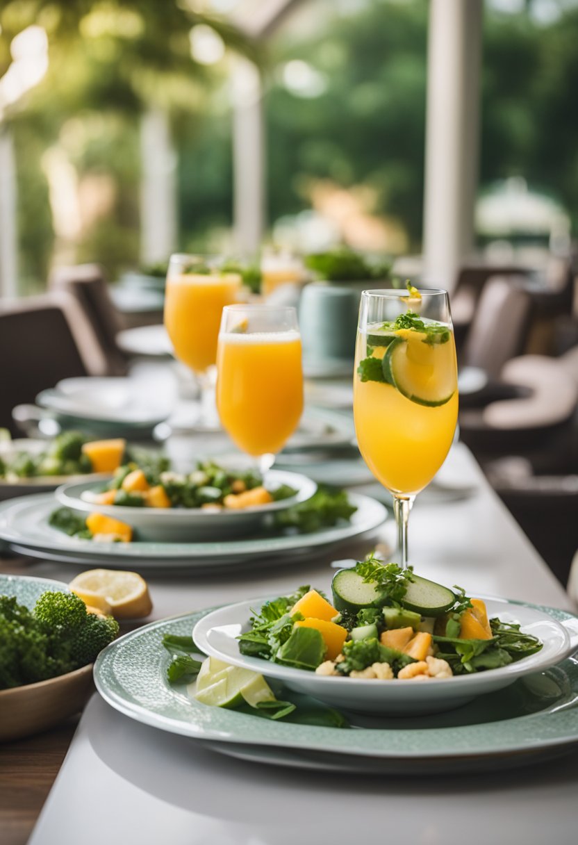 A table set with colorful dishes and drinks at SpringHill Suites by Marriott Waco Woodway. Lush greenery and natural light create a welcoming atmosphere
