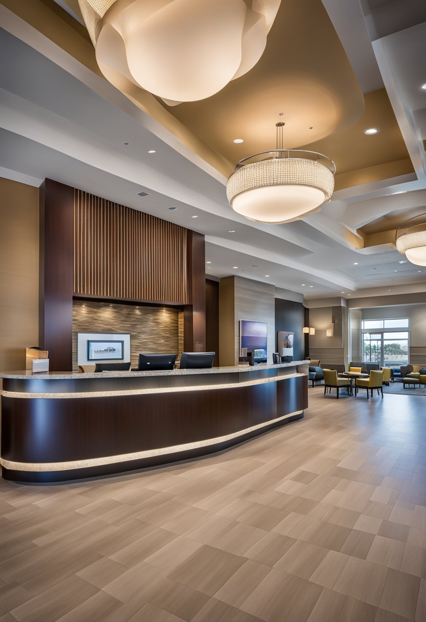 The lobby of SpringHill Suites by Marriott Waco Woodway features a modern reception desk, comfortable seating areas, and a breakfast buffet