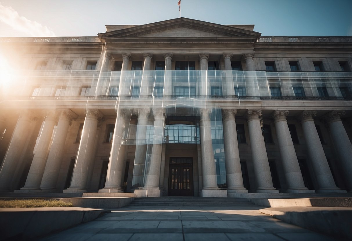 A government building with a transparent exterior, revealing digital currency flowing through transparent pipelines, symbolizing improved transparency in governance