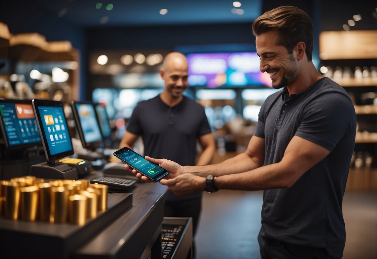 A small business owner happily accepts cryptocurrency from a customer, while a digital wallet and a physical store are depicted in the background