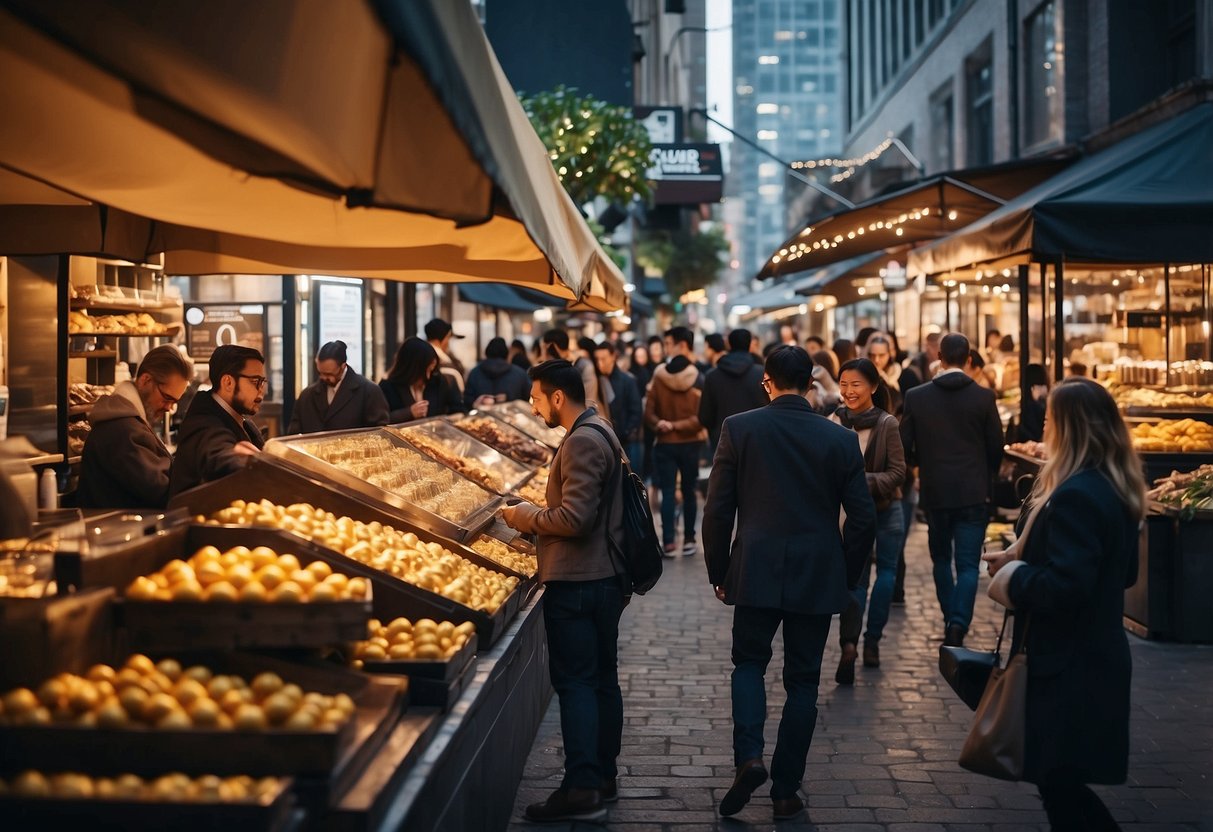 A bustling marketplace with small businesses accepting cryptocurrency payments, showcasing the benefits of blockchain technology for financial transactions