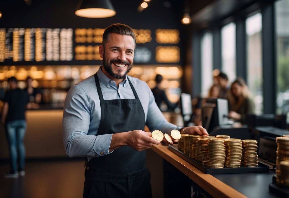 A small business owner happily accepts cryptocurrency payments from customers, while enjoying lower transaction fees and faster international transactions