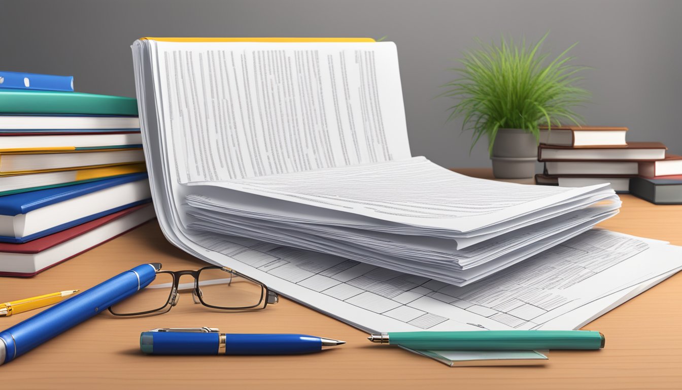 A stack of papers labeled "Understanding [Keyword] binder definition" sits on a desk, with a dictionary and pen nearby