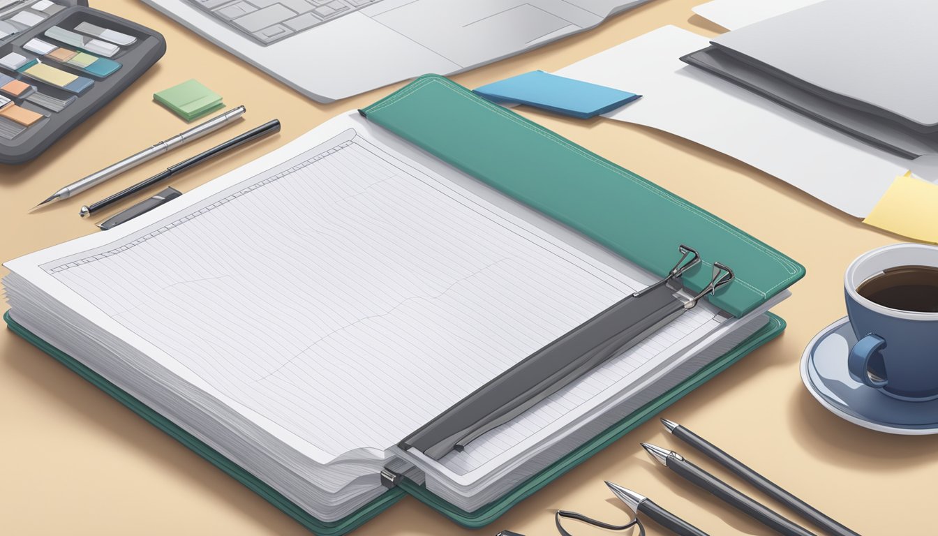 A practice binder lies open on a desk, filled with neatly organized sheets and labeled tabs