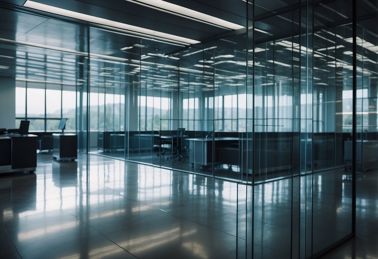 A government building with transparent walls, showcasing a secure and tamper-proof blockchain network. Documents and transactions are digitally recorded and publicly accessible, ensuring transparency and accountability in public sector operations