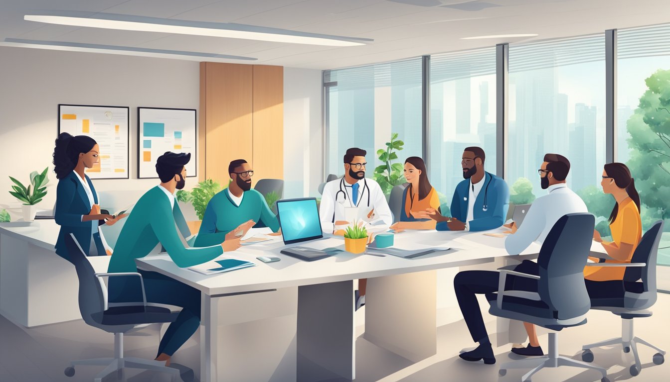 A group of healthcare providers and insurance representatives discussing coverage and benefits in a modern office setting