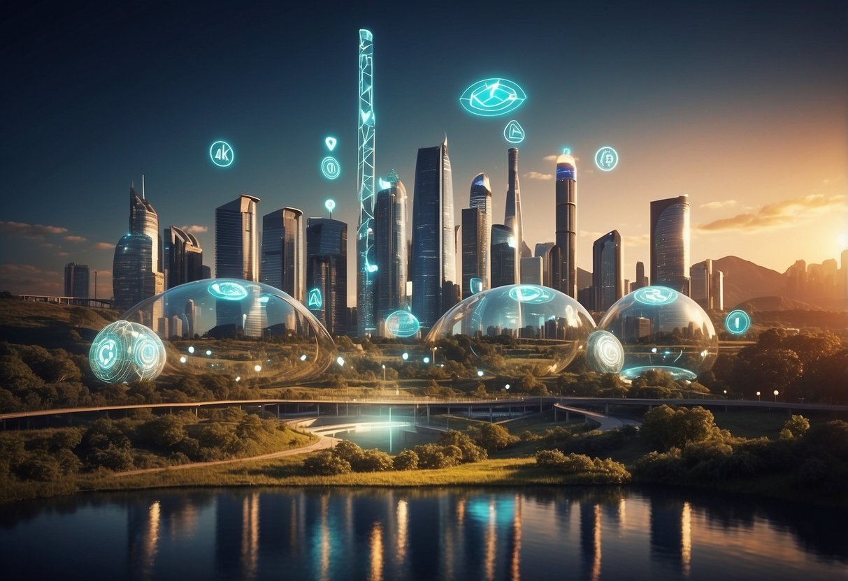 Cryptocurrencies and the Energy Sector Revolution: A futuristic city skyline with digital currency symbols integrated into renewable energy infrastructure