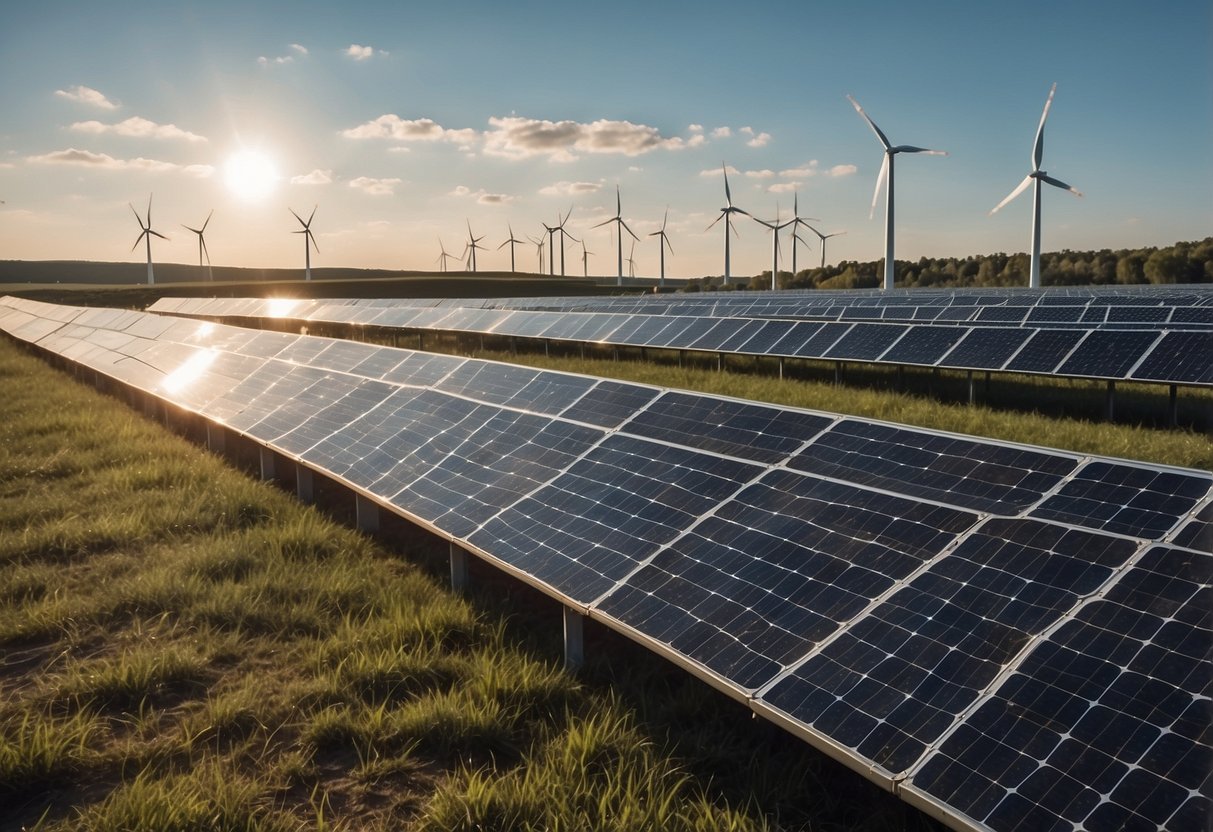 A solar panel farm with blockchain technology integrated, surrounded by wind turbines and cryptocurrency symbols