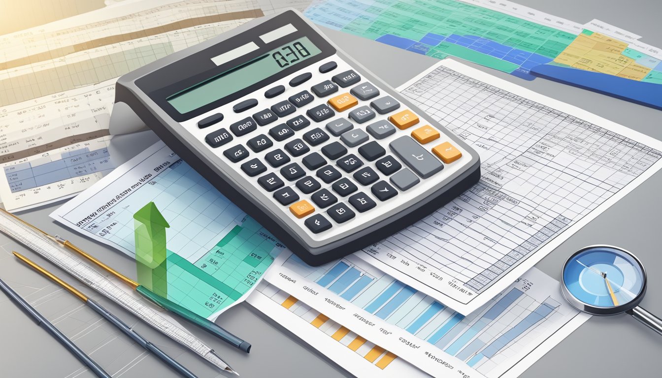 A table with financial documents and a calculator on top, with a chart showing retrospective rating calculations in the background