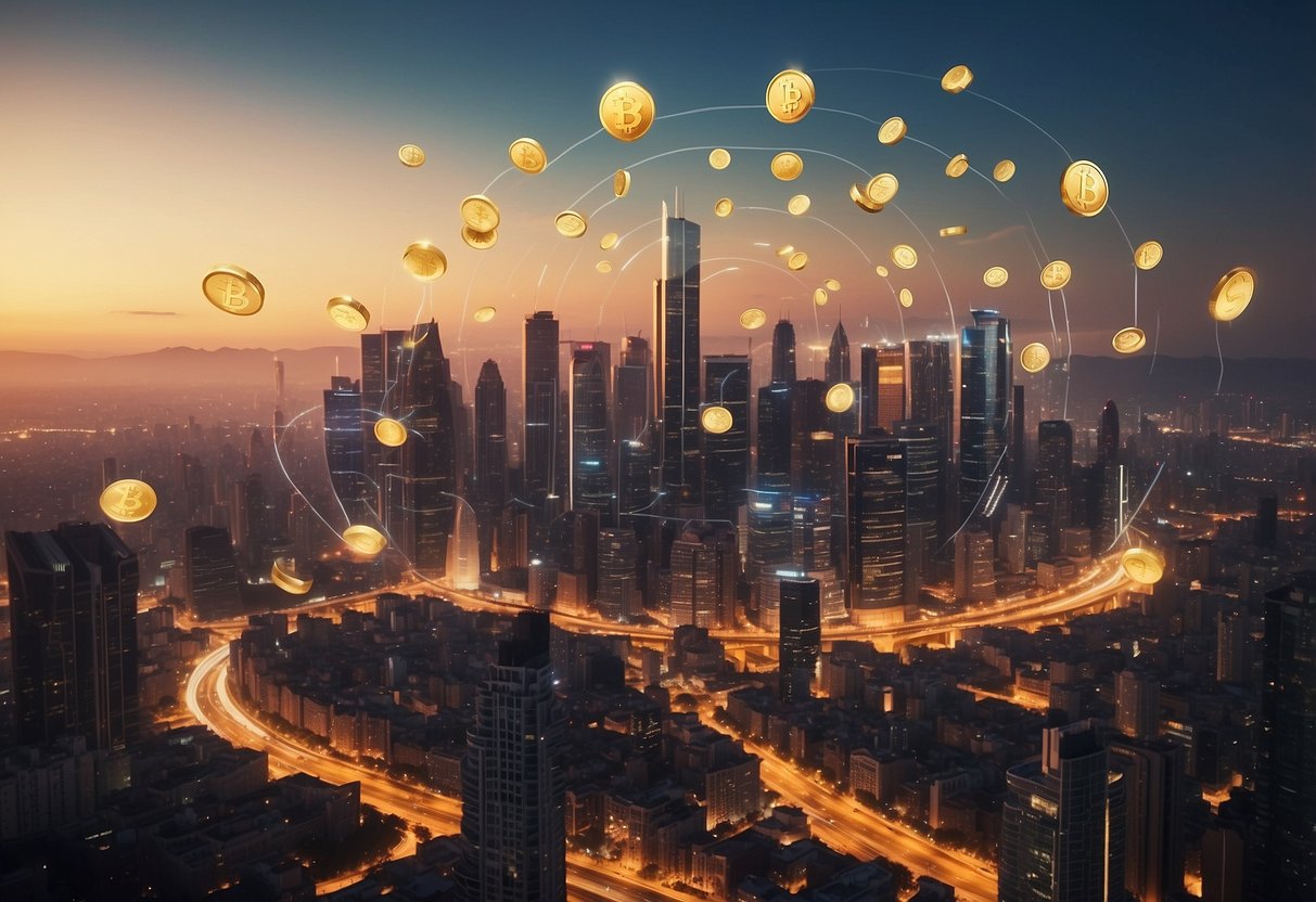 A bustling city skyline with digital currency symbols floating above, representing the challenges of cryptocurrency adoption in developed countries