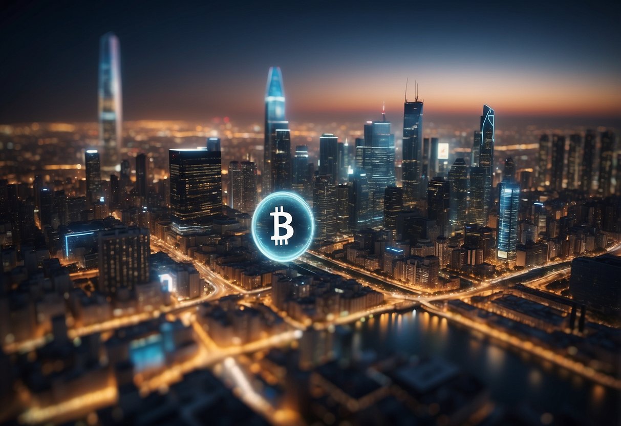 A bustling city skyline with digital currency symbols floating above, representing the economic impact and regulatory challenges of cryptocurrency adoption in developed countries