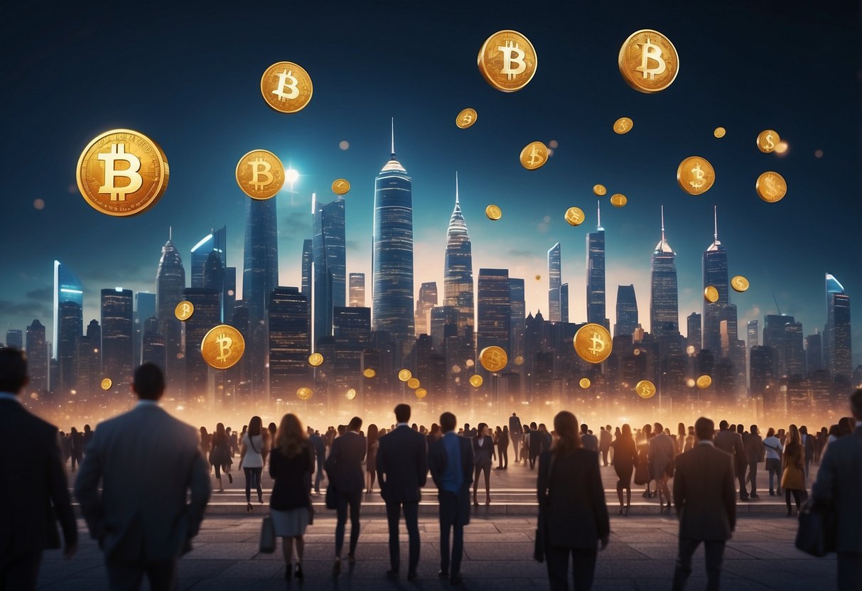 A futuristic city skyline with digital currency symbols floating in the air, surrounded by people investing and supporting projects through crowdfunding platforms