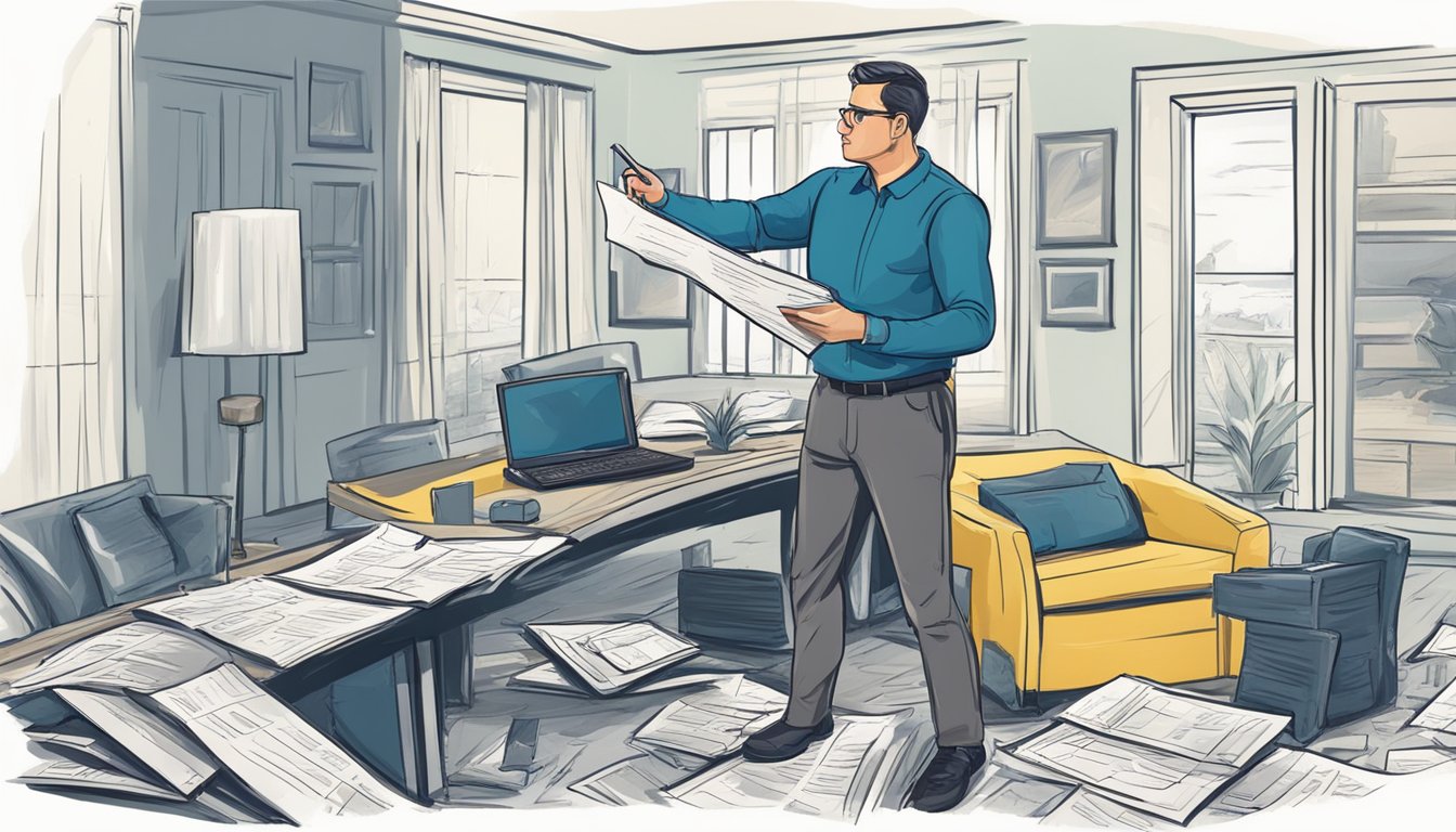 An insurance adjuster examines damaged property, takes notes, and assesses the situation