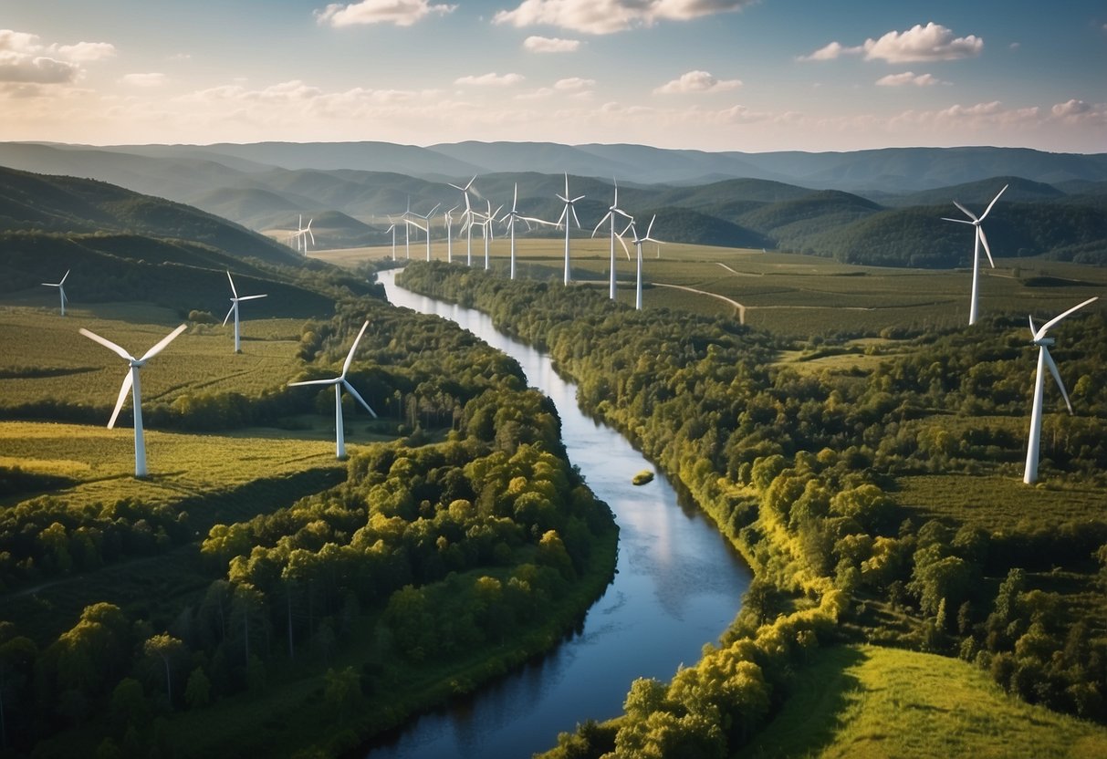 A lush green forest with a river running through it, surrounded by solar panels and wind turbines, while a blockchain network connects them all for sustainable energy management