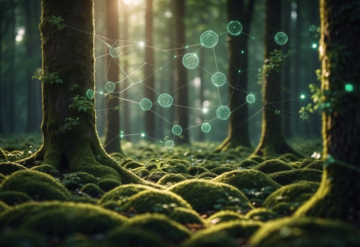 A lush green forest with a network of interconnected trees, representing the concept of blockchain technology and sustainability