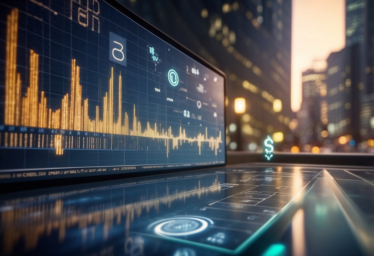 A bustling city skyline with digital currency symbols floating above financial buildings. Graphs and charts show the evolution of capital markets