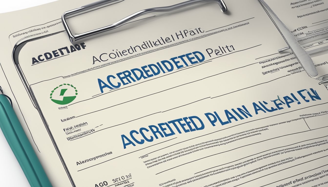 A large, bold "Accredited" stamp on a health plan document with clear, concise definition text