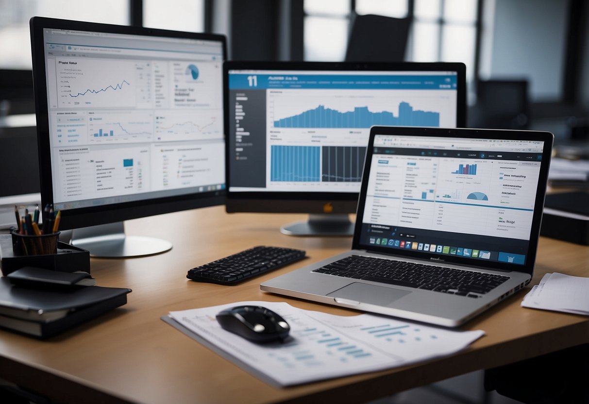 A desk with a computer, open whitepapers, and a pen. Charts and graphs on the screen. Annotated notes and highlighter nearby