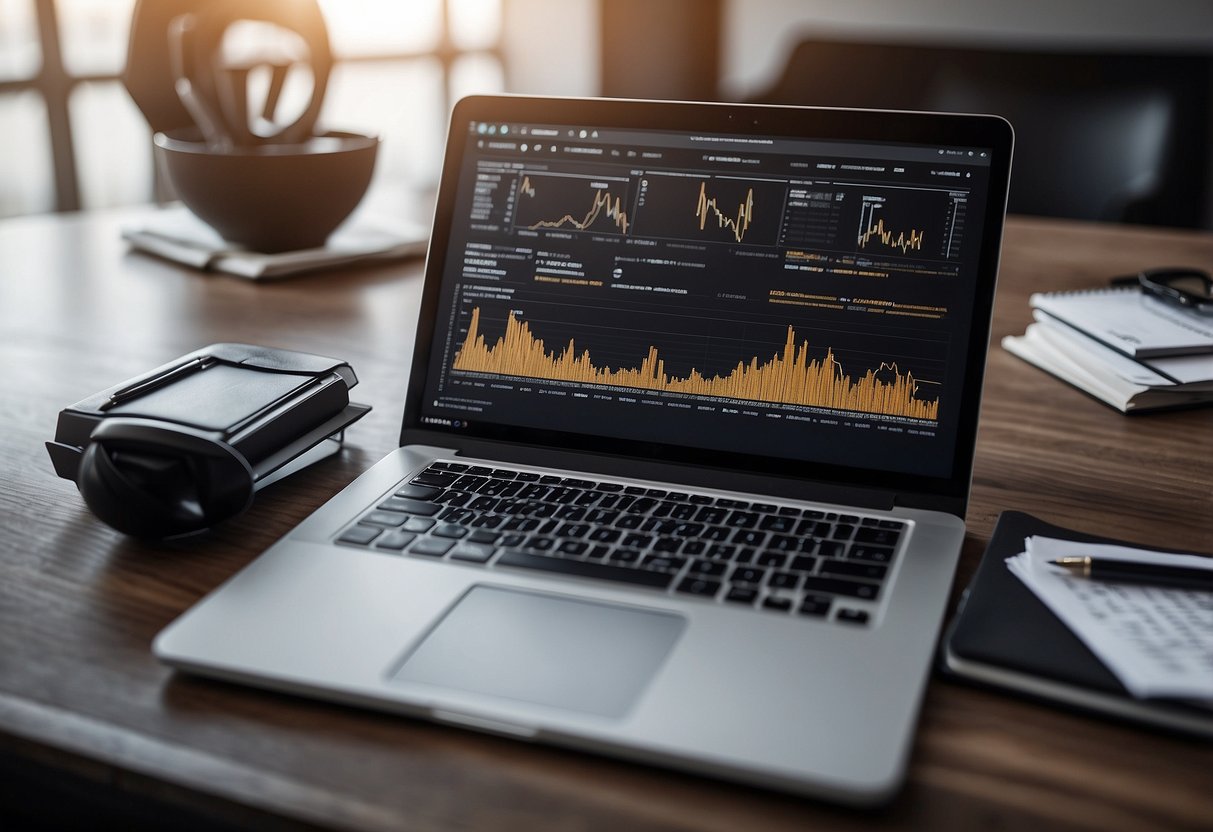 A desk with a laptop open to a cryptocurrency whitepaper, surrounded by research notes and a pen