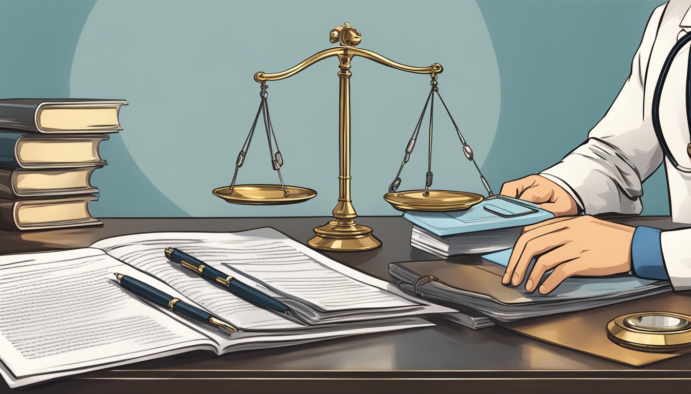 A doctor and lawyer discussing disability coverage terms.</p><p>Medical and legal documents on a desk.</p><p>Symbolic scales of justice and medical equipment in the background