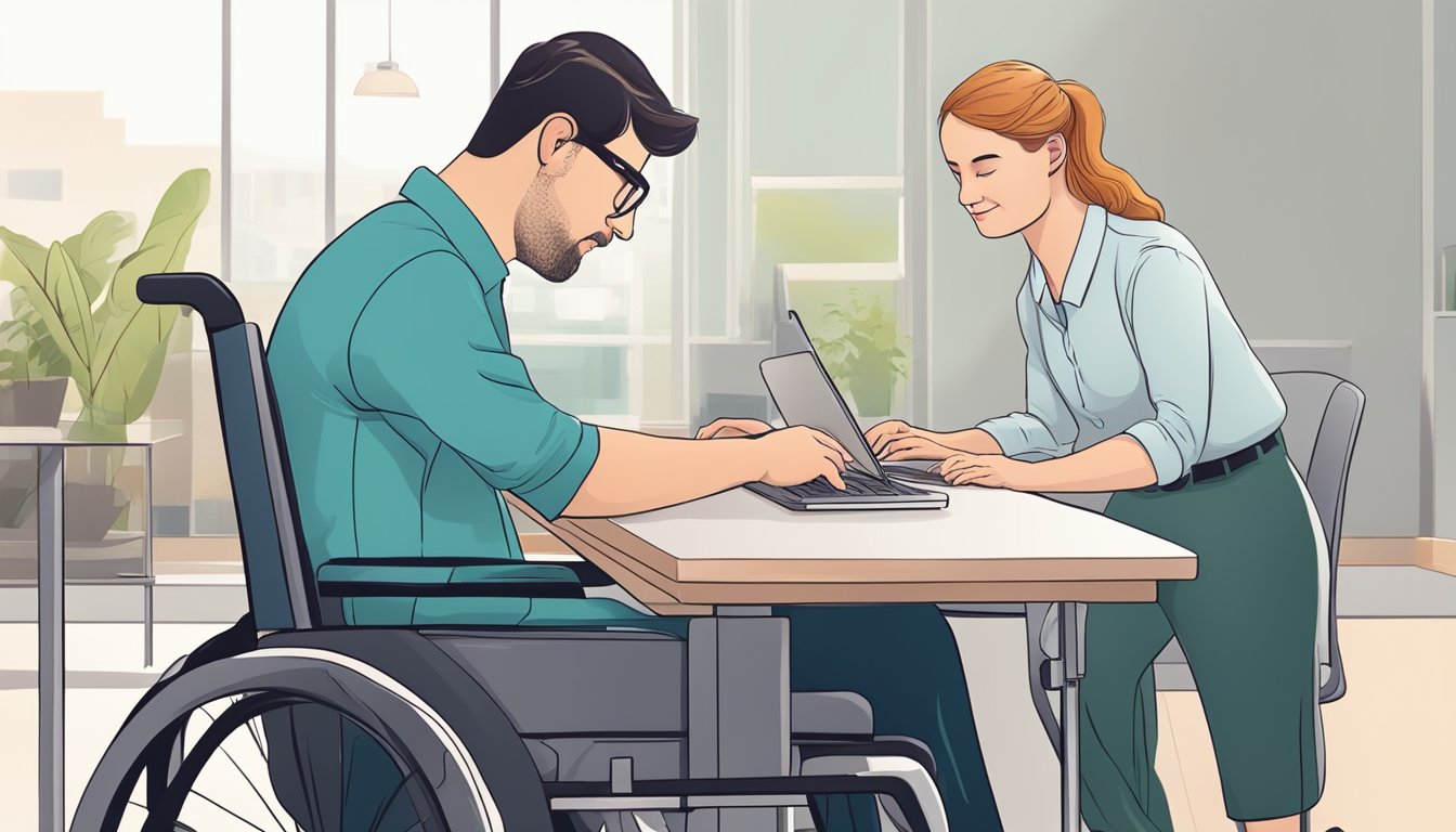 A person with a disability is receiving support and accommodations in the workplace, while also fulfilling their responsibilities