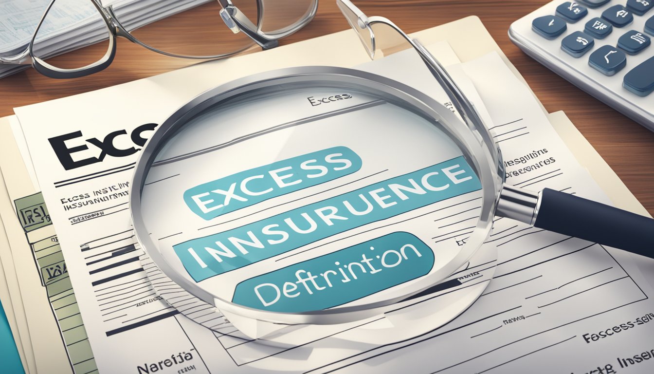 A stack of insurance documents sits atop a desk, with a magnifying glass highlighting the words "excess insurance definition" in bold lettering