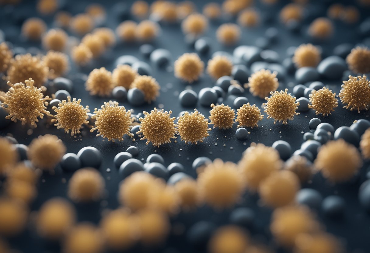 A microscopic view of Norovirus particles spreading across a contaminated surface