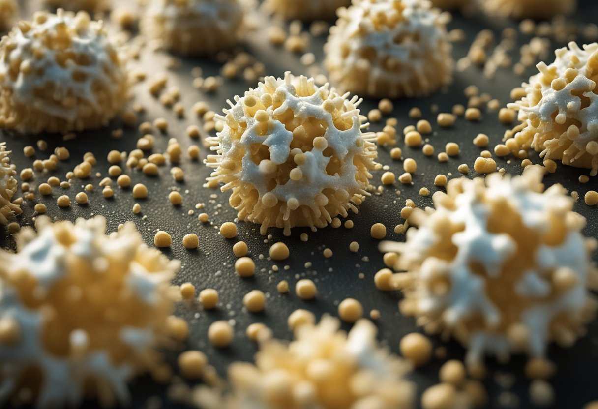 A contaminated surface with norovirus particles, surrounded by factors like poor hygiene, crowded spaces, and contaminated food