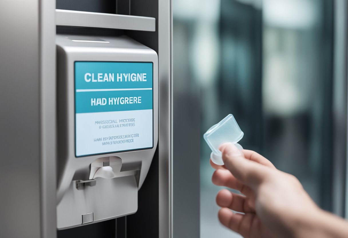 A clean, disinfected surface with a hand sanitizer dispenser and a sign promoting hand hygiene