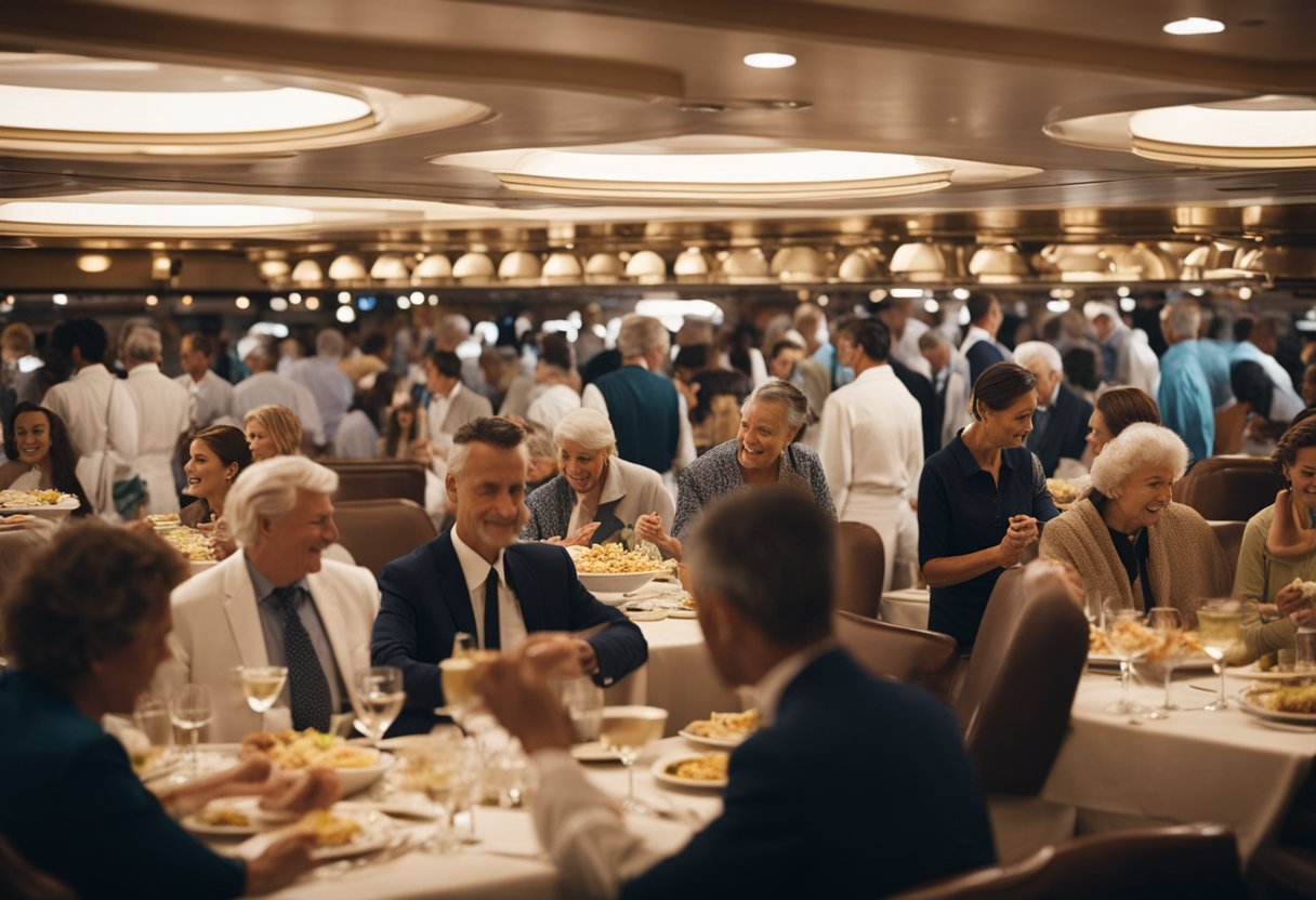 A crowded cruise ship dining area with people lining up at a buffet. Some individuals are showing signs of illness, while others are using hand sanitizer