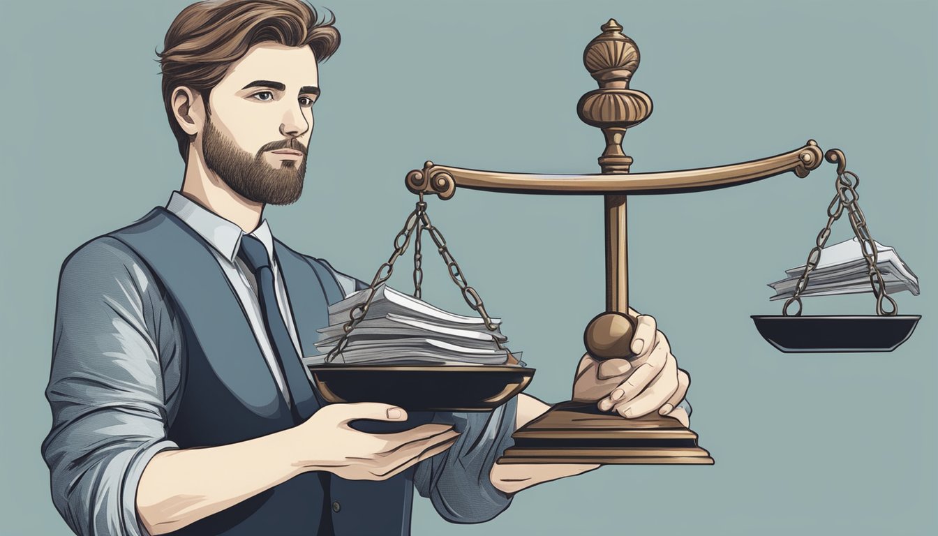 A person holding a scale, with one side weighted down, symbolizing legal responsibility