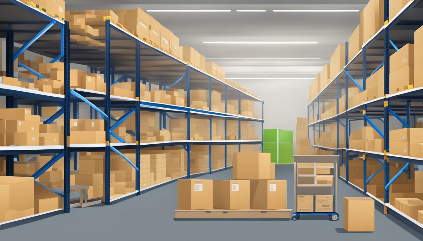 A warehouse with labeled shelves, stocked with various items, and a computer system for tracking inventory levels