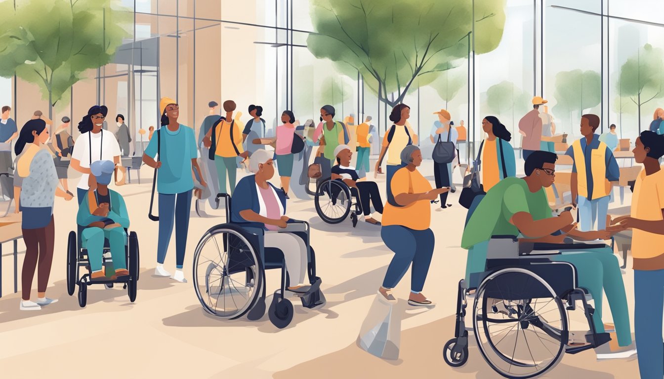 A diverse group of people interacting in a public space, with some using mobility aids or assistive devices.</p><p>The environment is inclusive and accessible, with signage and facilities accommodating various disabilities