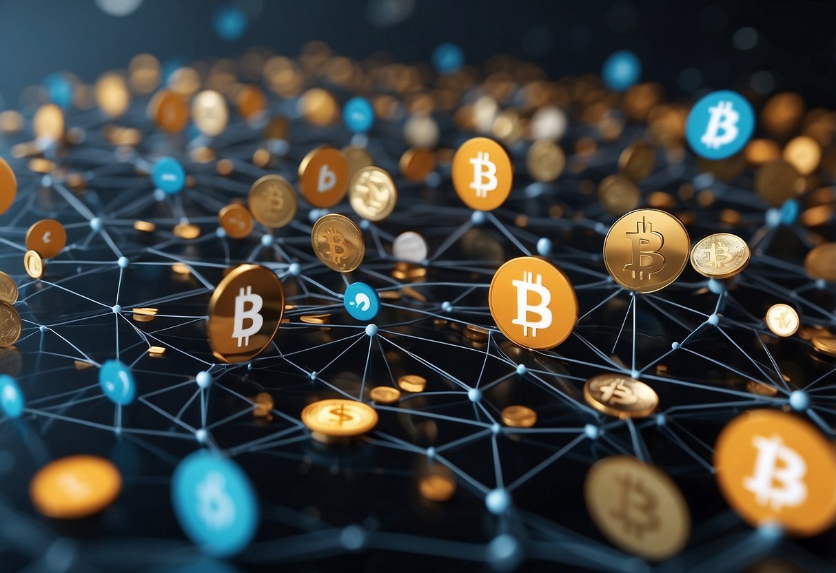 Cryptocurrencies and the Future of Social Networks: A digital landscape with interconnected nodes representing blockchain technology, alongside various social media icons and symbols, symbolizing the integration of crypto into social platforms