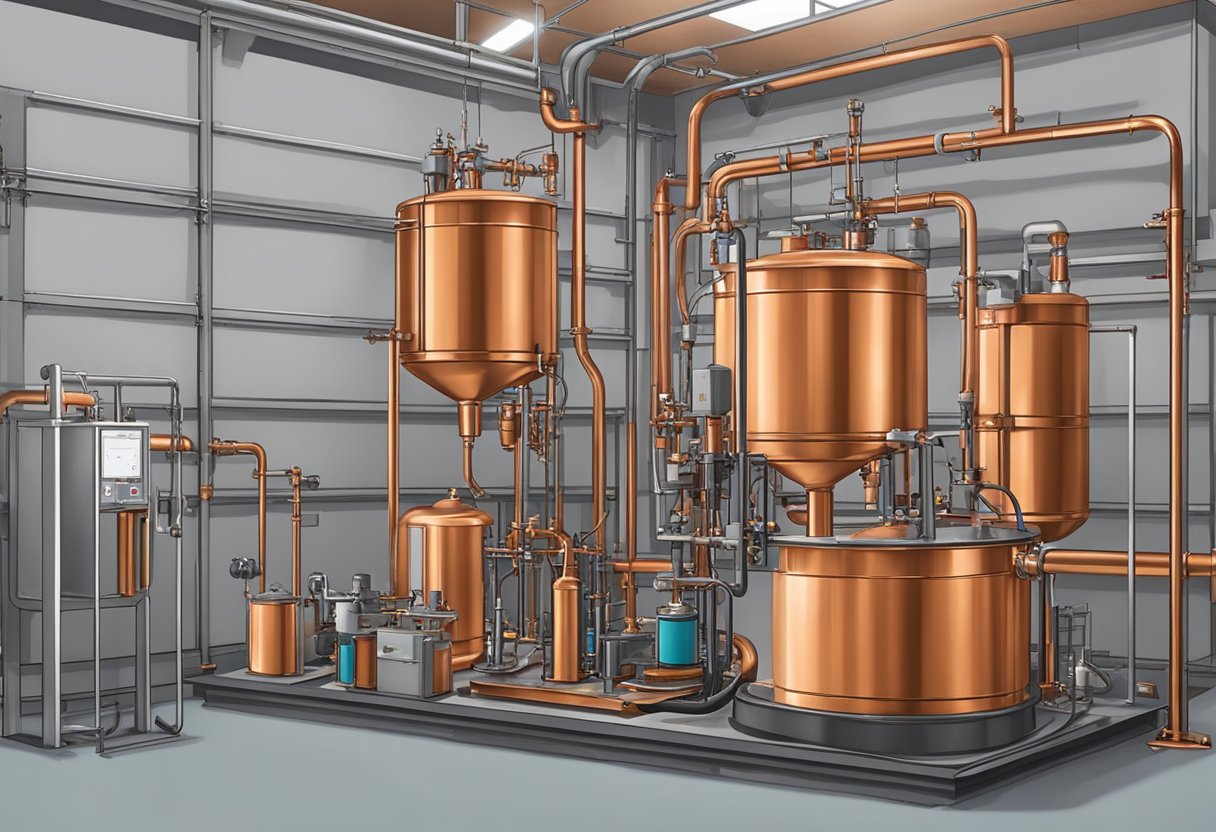 A copper plating setup with tanks, electrodes, and chemical solutions in a well-ventilated workshop