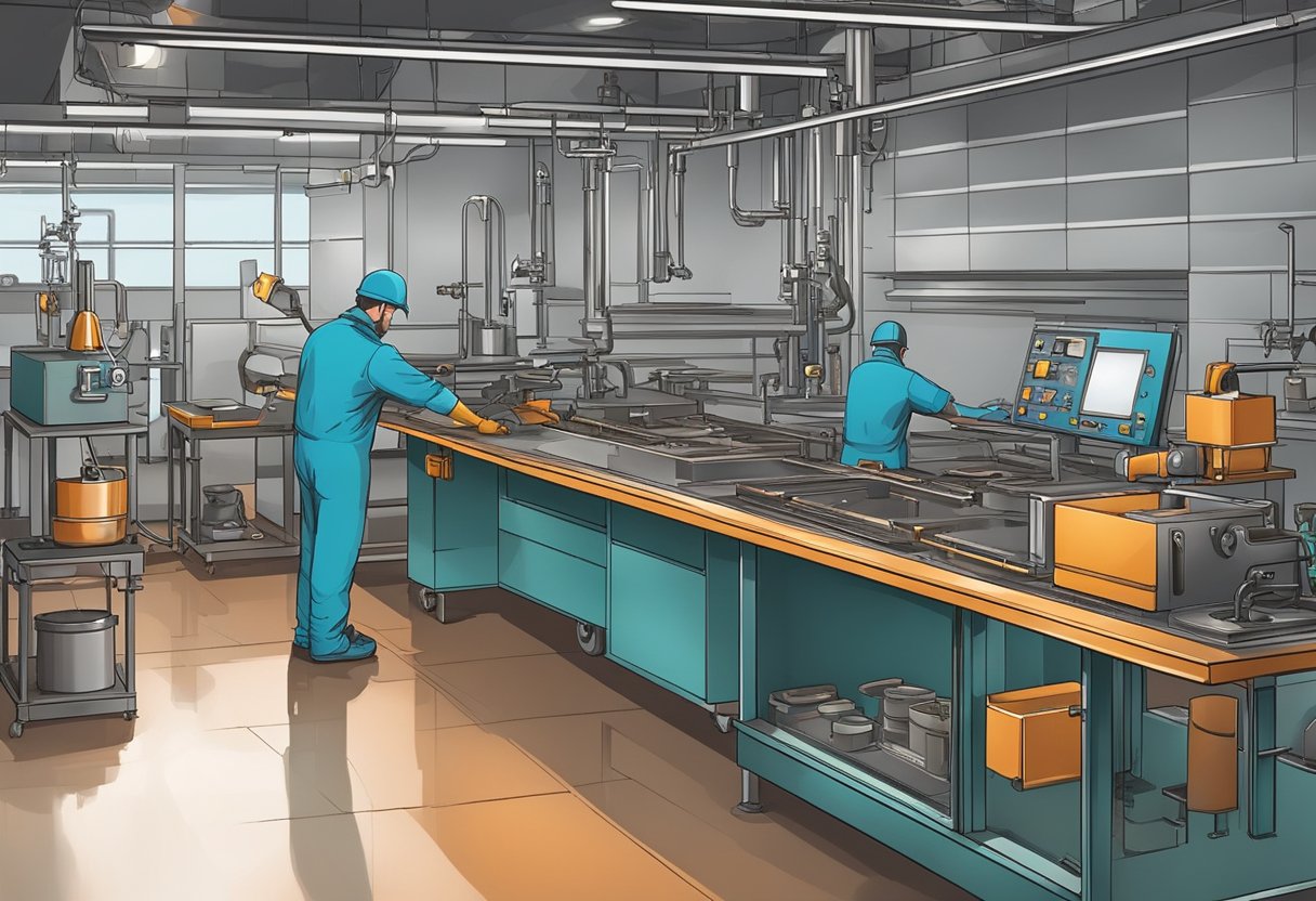 A metal surface is being cleaned and polished before the copper plating process. Various tools and equipment are arranged around the work area