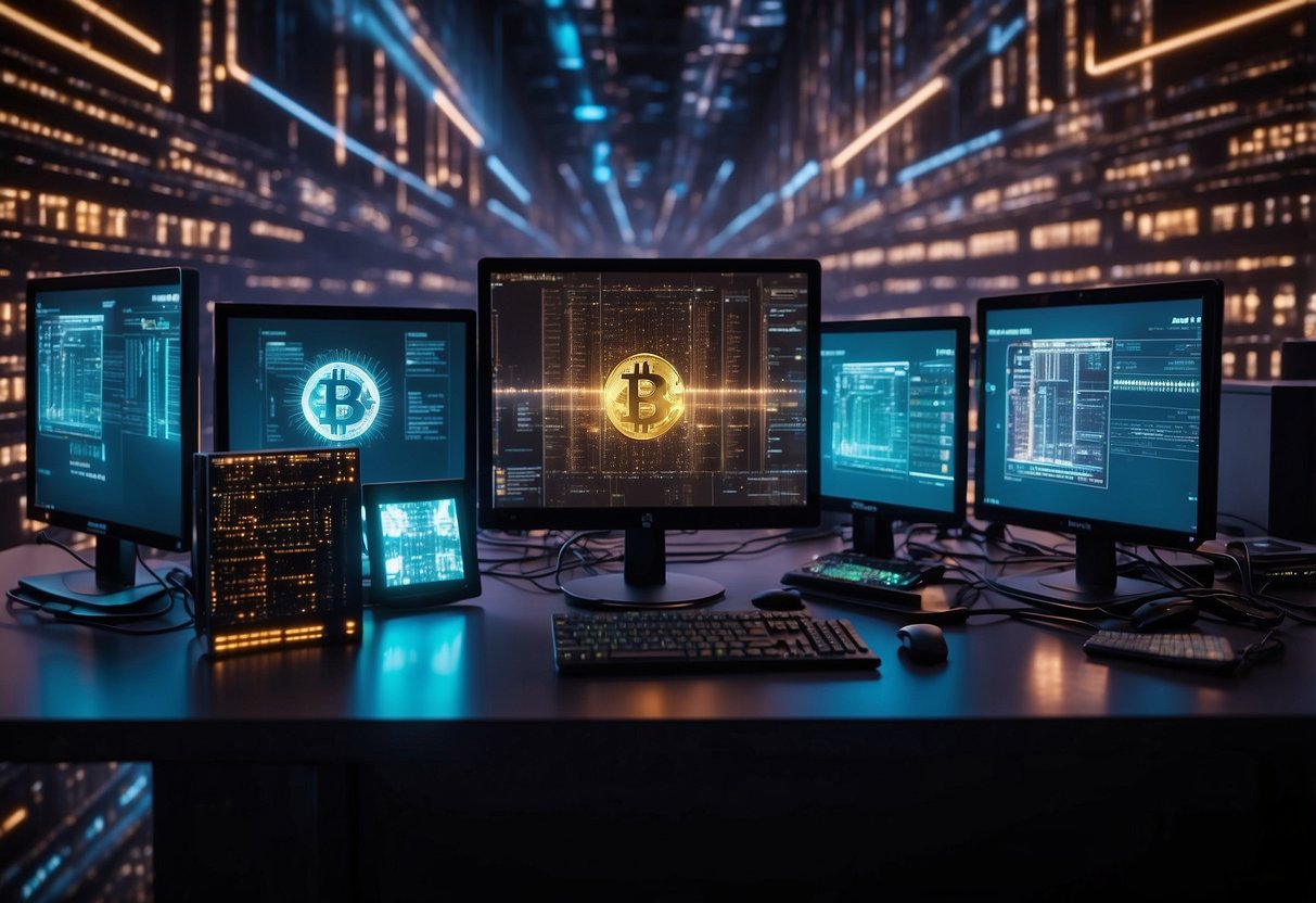 A computer surrounded by glowing screens mines cryptocurrency as data streams in and out, showcasing the evolution of cryptocurrency mining