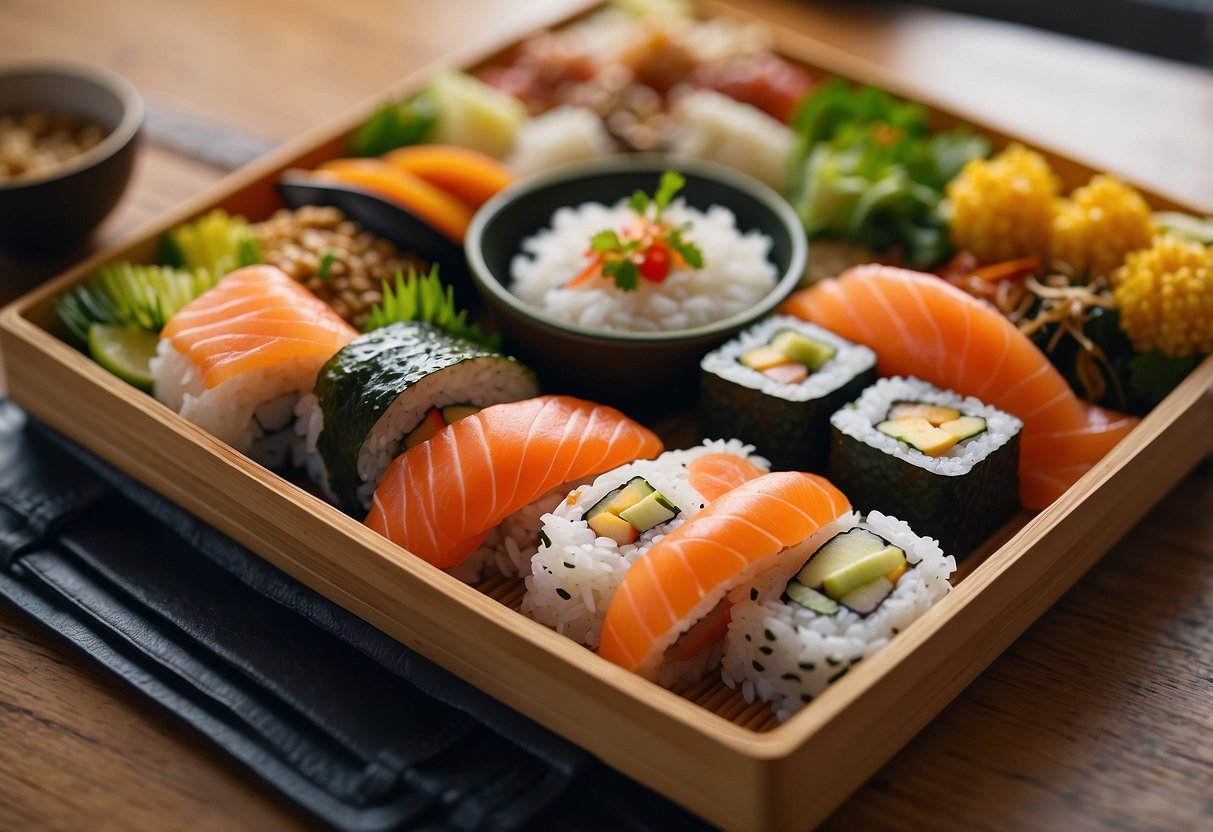 A colorful bento box sits open on a bamboo mat, filled with neatly arranged sections of sushi, sashimi, pickled vegetables, and rice