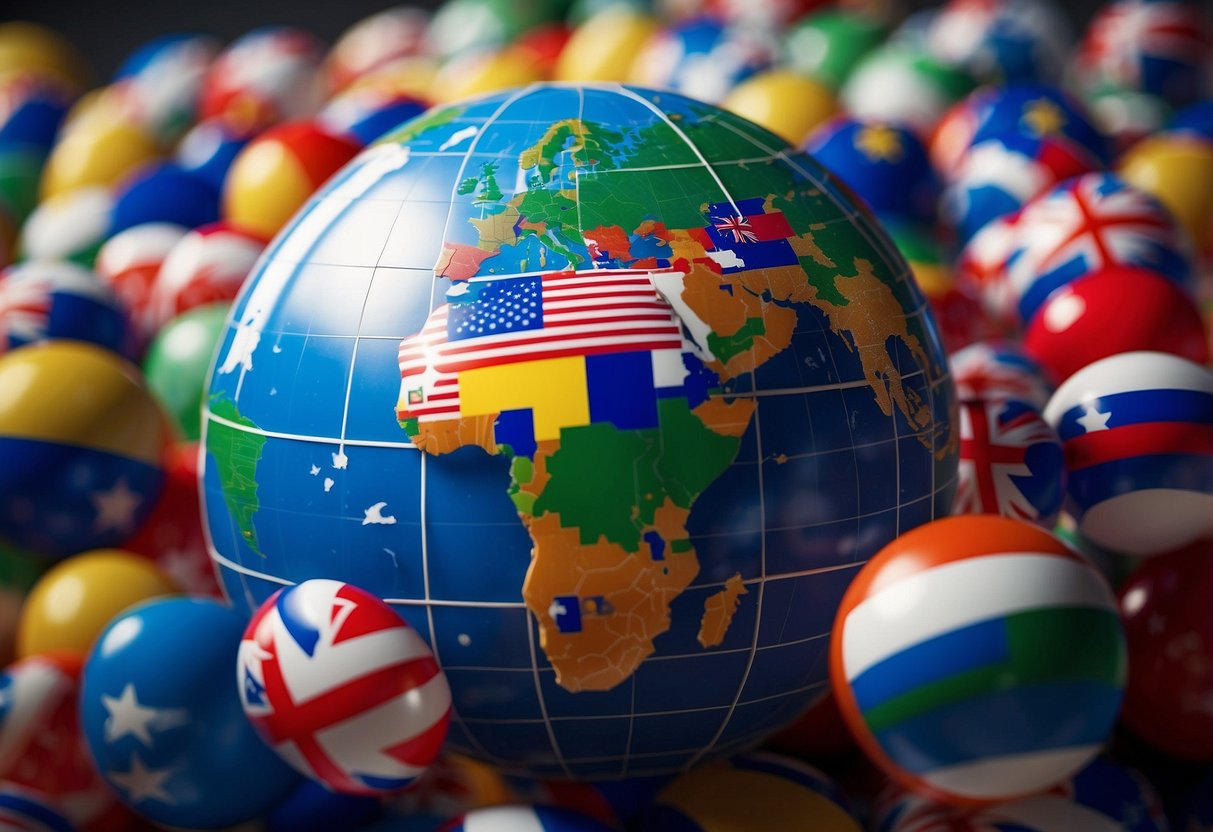 A globe surrounded by various national flags, with digital currency symbols floating above, representing the influence of international politics on the cryptocurrency market