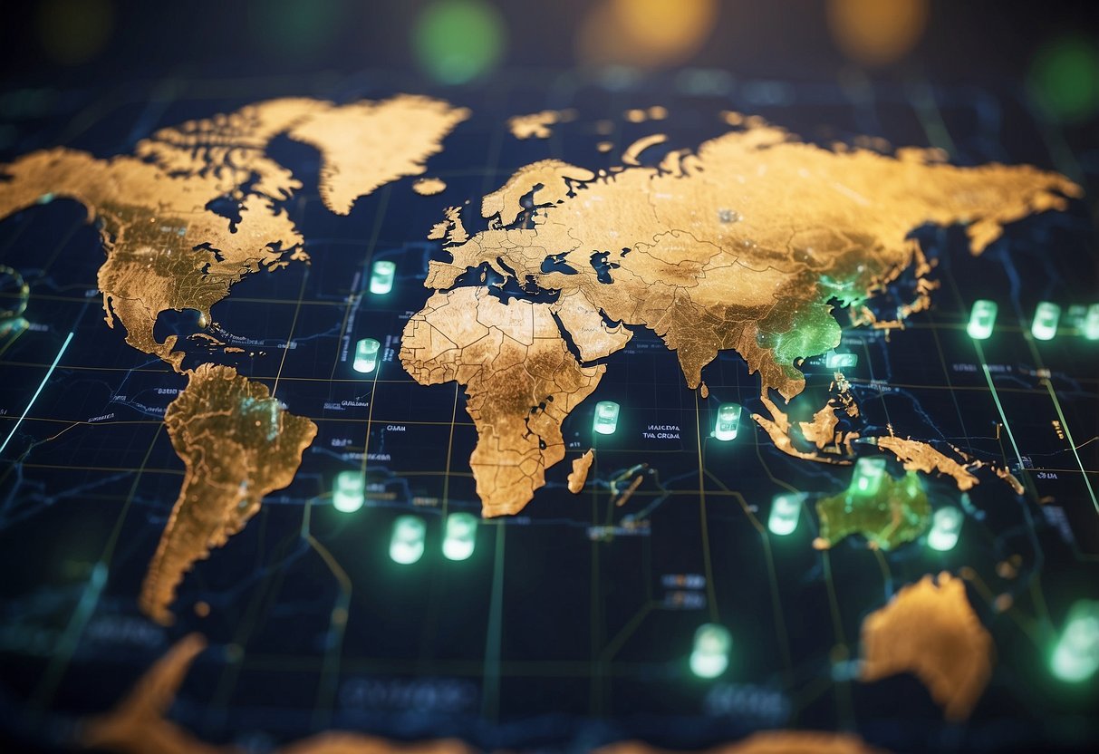 A global map with currency symbols and regulatory documents, depicting the economic and regulatory influence on the cryptocurrency market