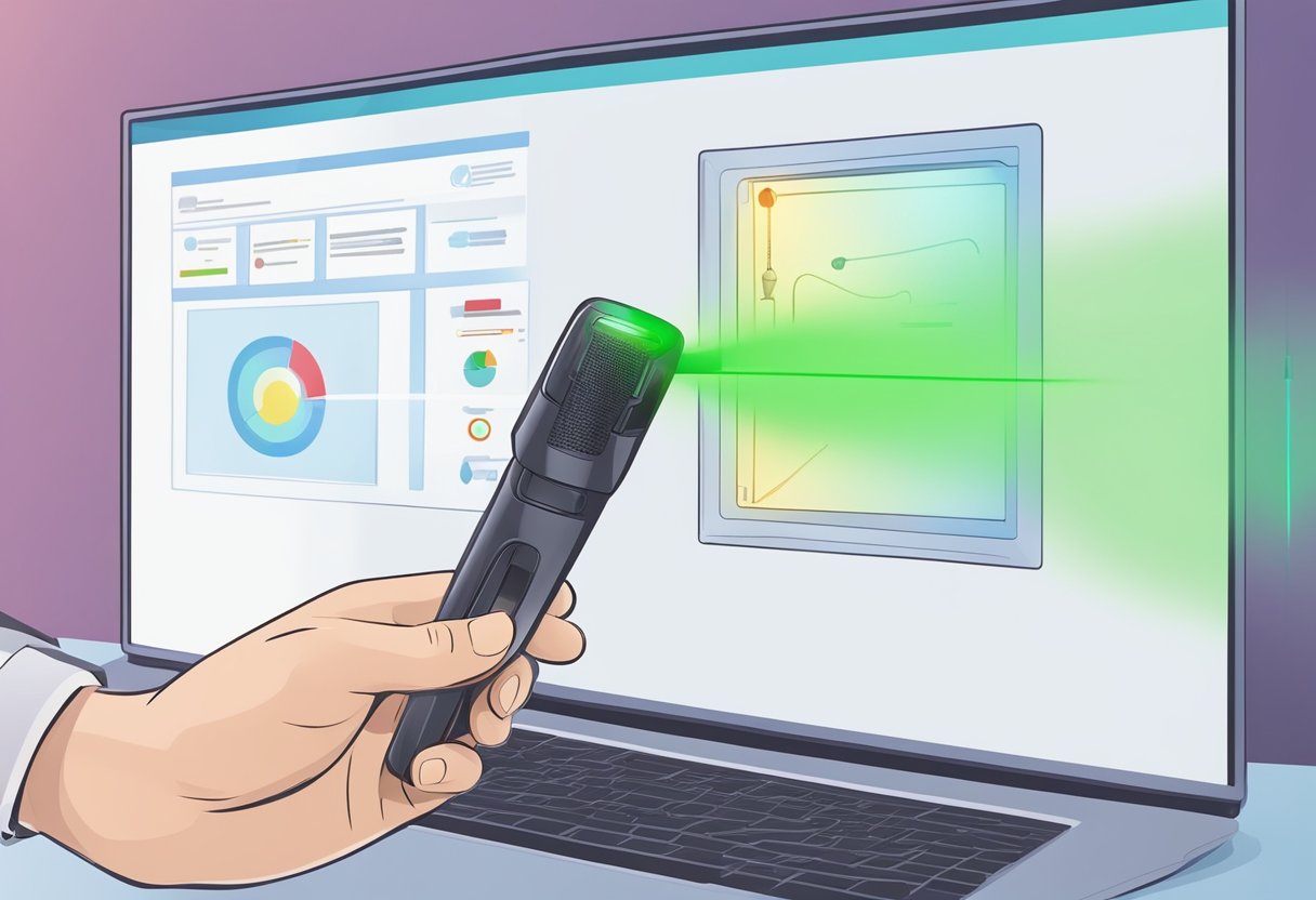 A hand holds a laser pointer, pointing at a slide on a screen. The presenter clicks to activate the laser, highlighting key points on the slide