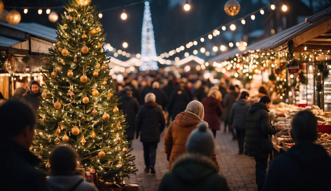 Crowds browse festive stalls, adorned with twinkling lights and garlands. A giant Christmas tree towers over the market, surrounded by vendors selling handmade crafts and seasonal treats