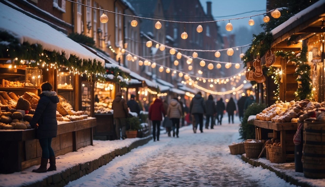 Colorful stalls line the cobblestone streets, adorned with twinkling lights and festive decorations. Snow gently falls, creating a winter wonderland atmosphere. The scent of hot cocoa and roasted chestnuts fills the air