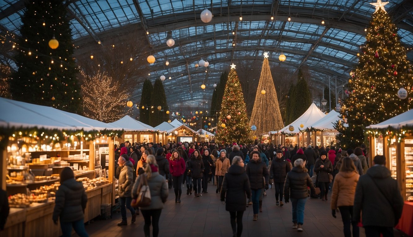 The holiday market bustles with vendors and shoppers at Seattle Center, adorned with festive lights and decorations. A towering Christmas tree stands in the center, surrounded by stalls selling crafts, gifts, and seasonal treats